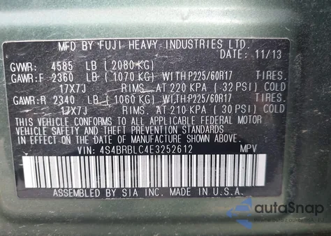 2014 Subaru Outback 2.5I Limited из США, поврежденный, VIN 4S4BRBLC4E3252612